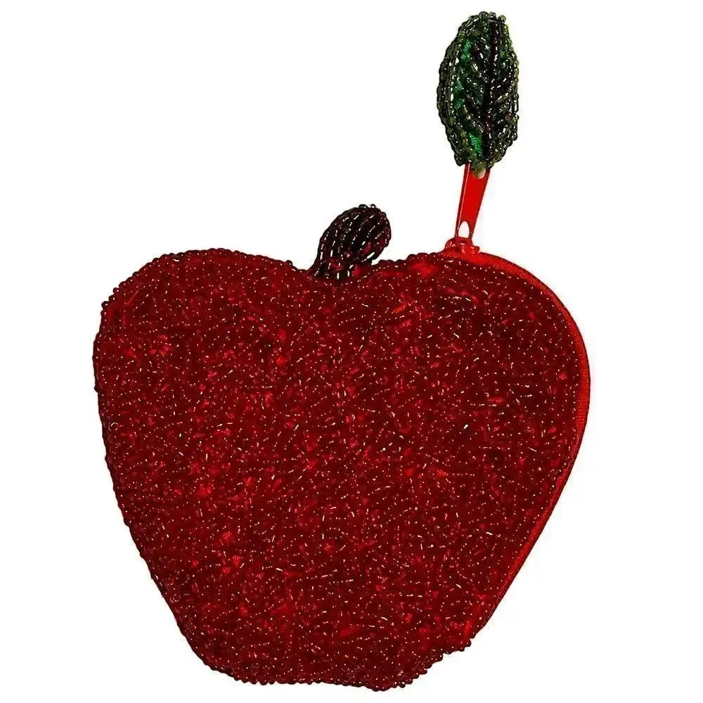 Vintage Apple Coin Purse Red Glass Seed Beads Kitsch Fruit Novelty Zipper Pouch
